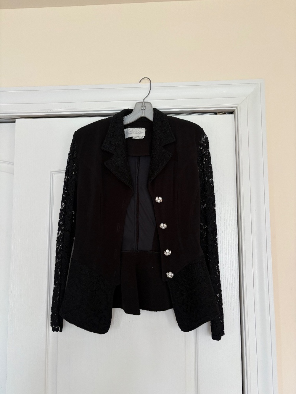 Flora Ashley Vintage Black Lace Sleeve Blazer Jacket Rhinestone Button Small